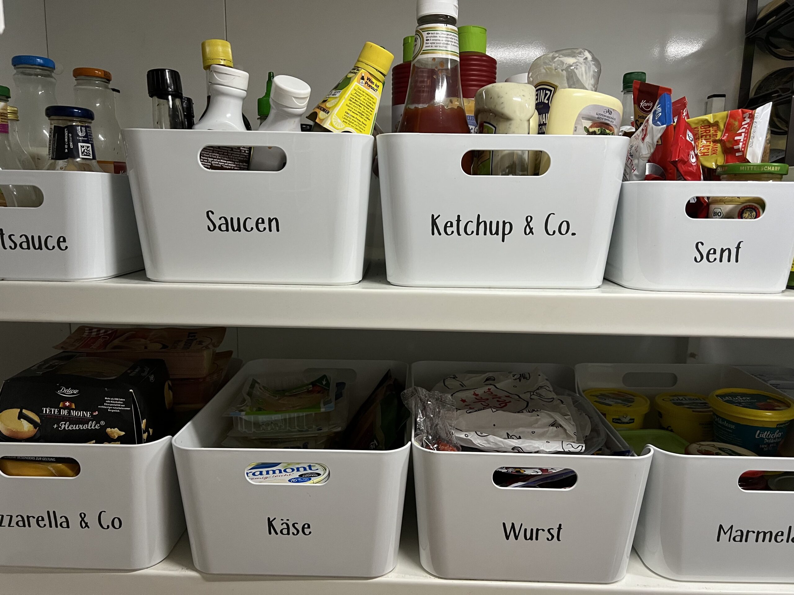 Sortierboxen mit Beschriftung im Kühlschrank für mehr Ordnung